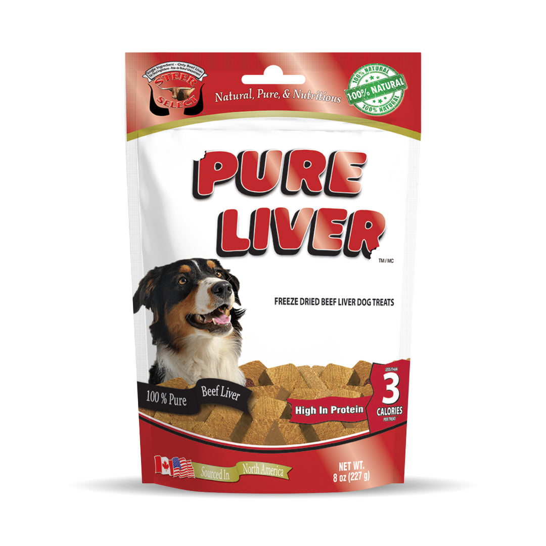 Red and white bag of freeze dried beef liver dog treats with a dog