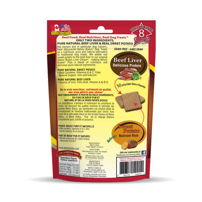 back face of a brown and red dog treats pouch listing benefits of the two ingredients and images of beef liver and real sweet potato